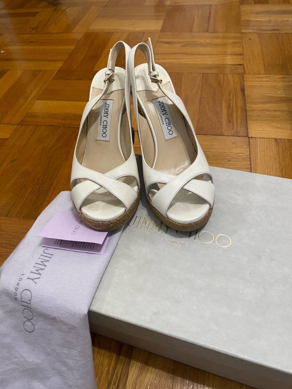 Authentic beautiful Jimmy Choo Cream Wedge Sandals